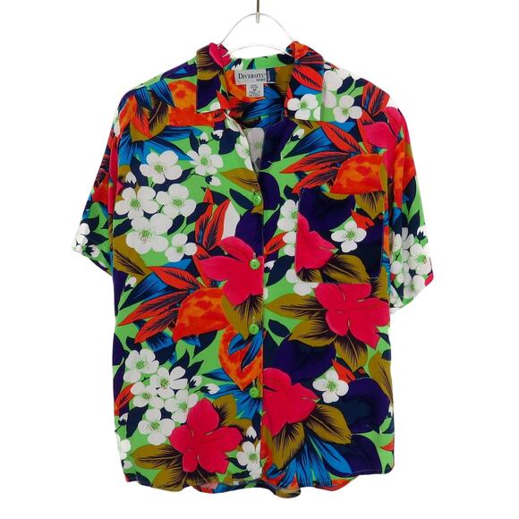 1990s Vintage Hawaiian Tropical Rainbow Floral Button Down Blouse Medium - Picture 6 of 6